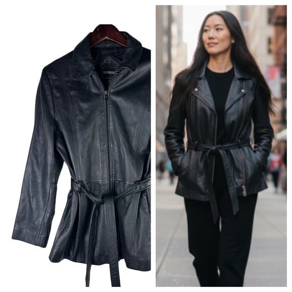 Outbrook Jackets & Blazers - Vtg Outbrook Leather Jacket Coat Sz Medium 100% LEATHER Black Belted Zip Up